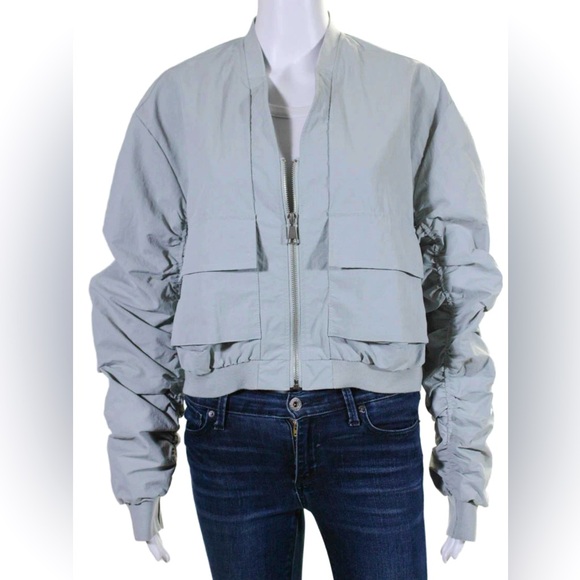 Anthropologie Womens Gray Zippered V-Neck Ruched Long Sleeve Bomber Jacket S - Picture 1 of 3